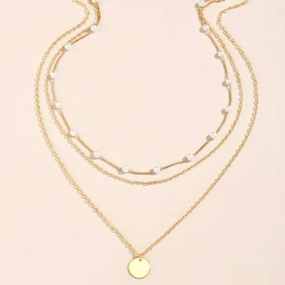 Yellow Gold Plated Disc Faux Pearl Necklace - 2 pieces - Picture 3 of 6